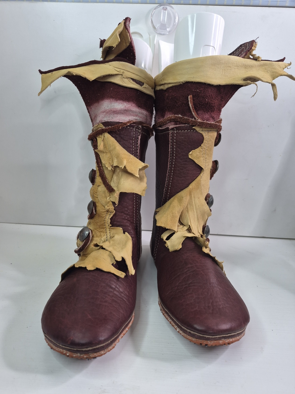 Bald Mountain Moccasins Maroon Leather Button Boots with Yellow Trim